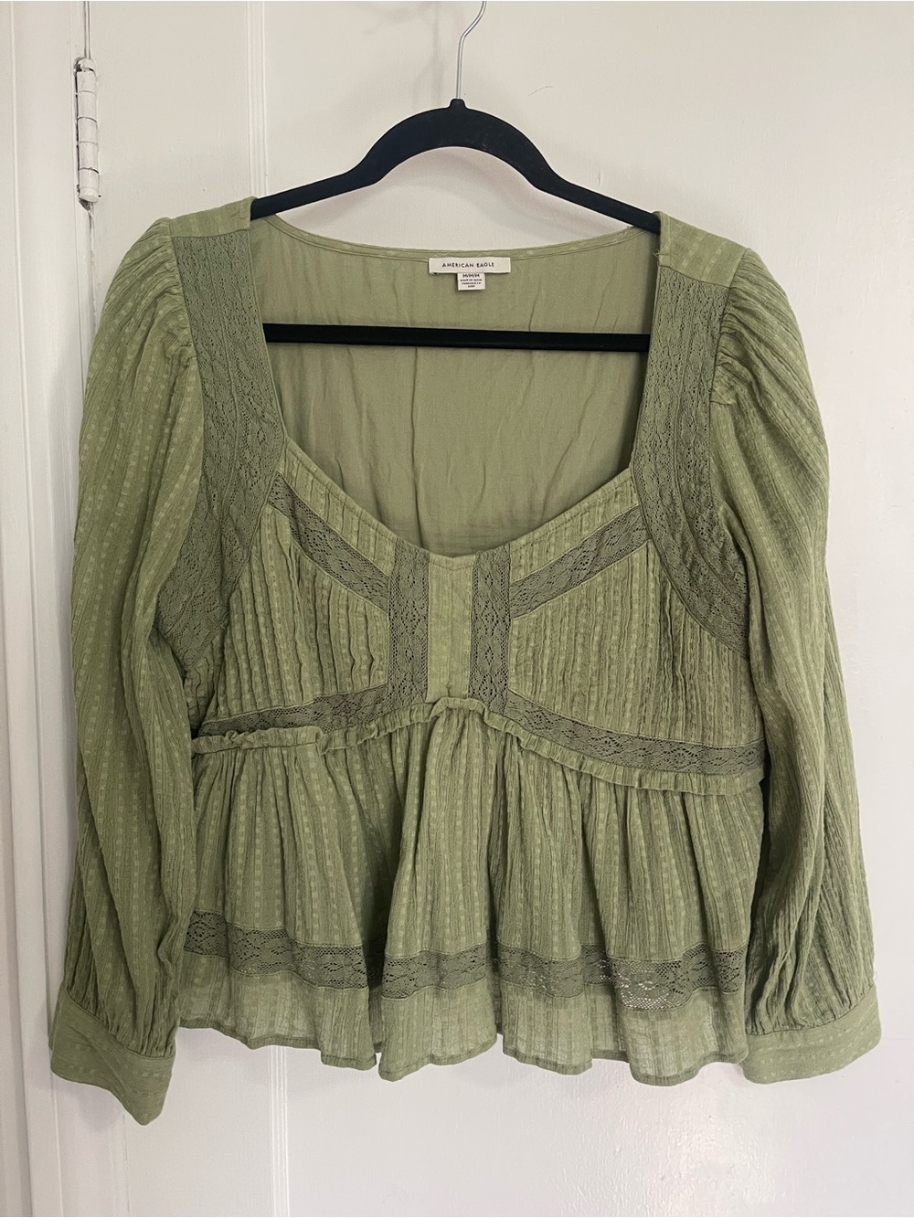 American Eagle Outfitters Sage Green Lace-Trim Peplum Blouse